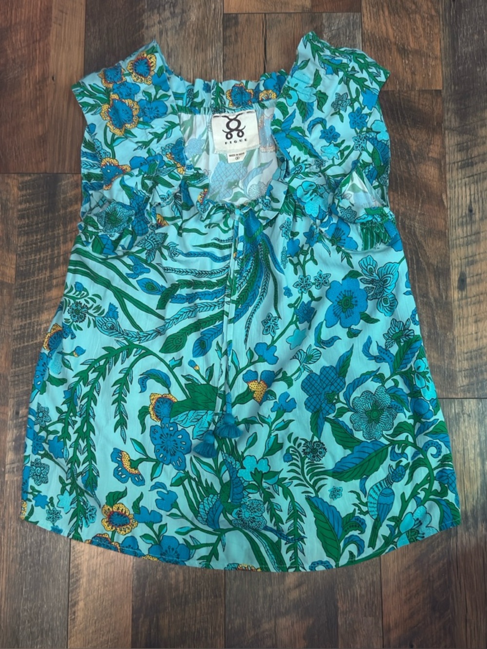 FIGUE sleeveless Blouse Tropical Floral Ruffle Blue Green Top Size M